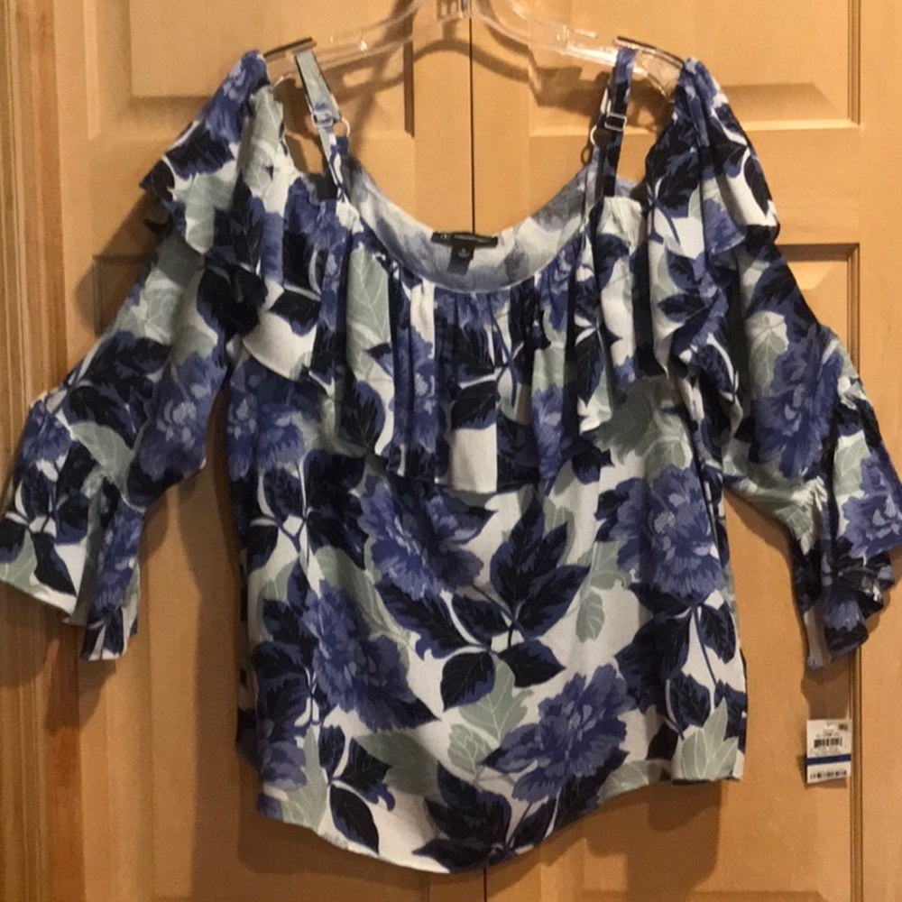 New INC Floral Off-Shoulder Blouse  - Blue and White